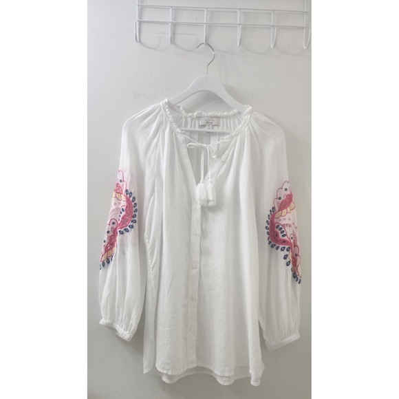 Charter Club Tops - Charter Club Luxury White Linen Embroidered Peasant Blouse Tassel Tie Medium
